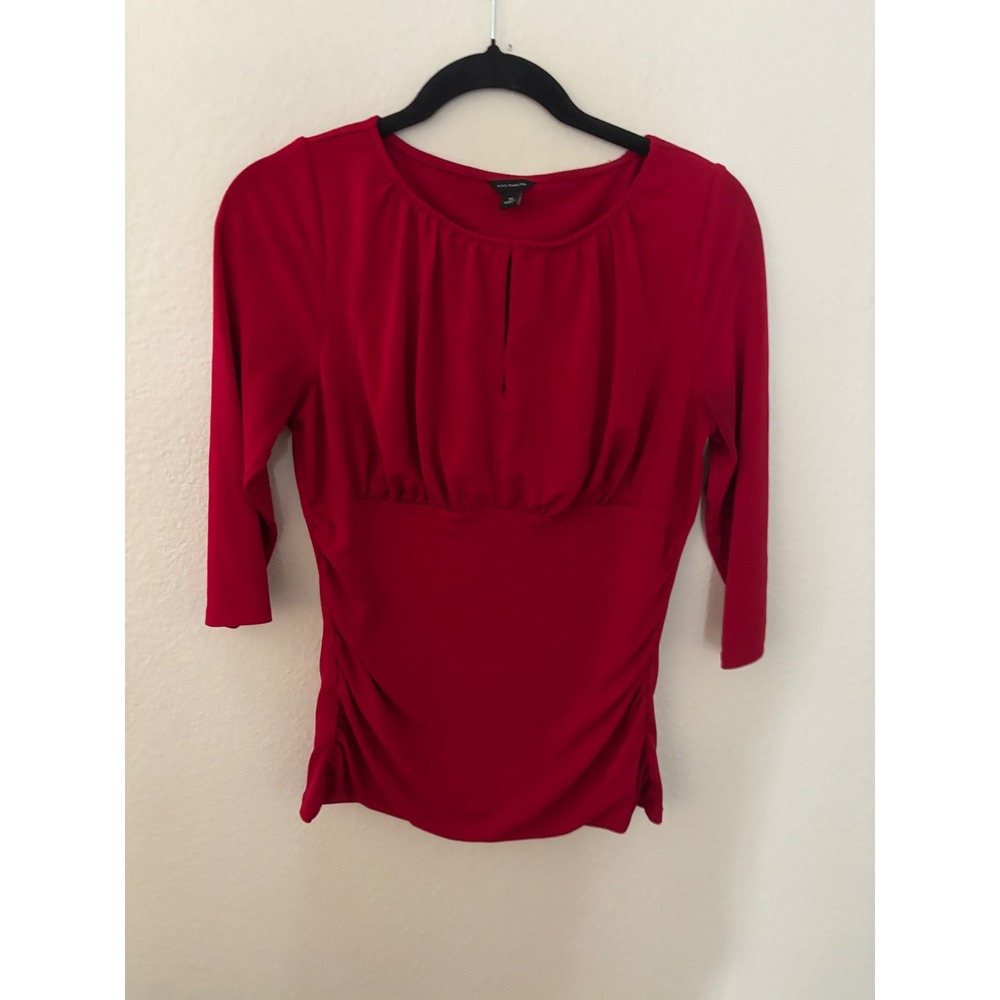 Ann Taylor Red Keyhole Ruched 3/4 Sleeve Blouse Top Medium A1201